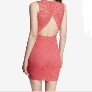 Express Lace Fitted Open Back Dress Coral XS